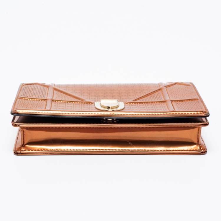 Pre Owned Dior Metallic Bronze Micro Cannage Patent Leather Diorama Wallet on Chain 