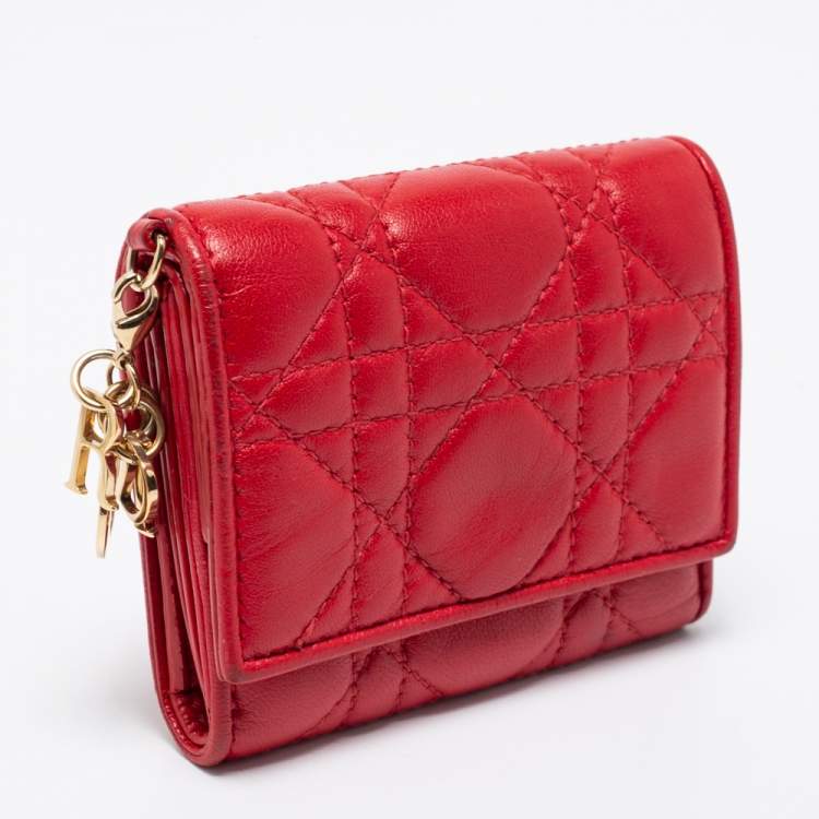 Pre Owned Dior Red Cannage Leather Lady Dior Trifold Compact Wallet