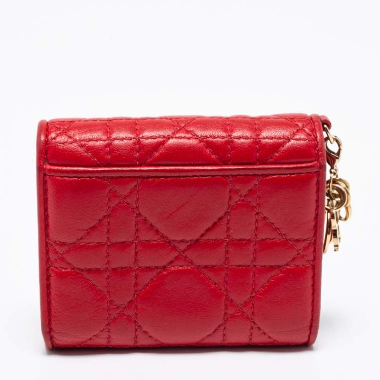 Pre Owned Dior Red Cannage Leather Lady Dior Trifold Compact Wallet