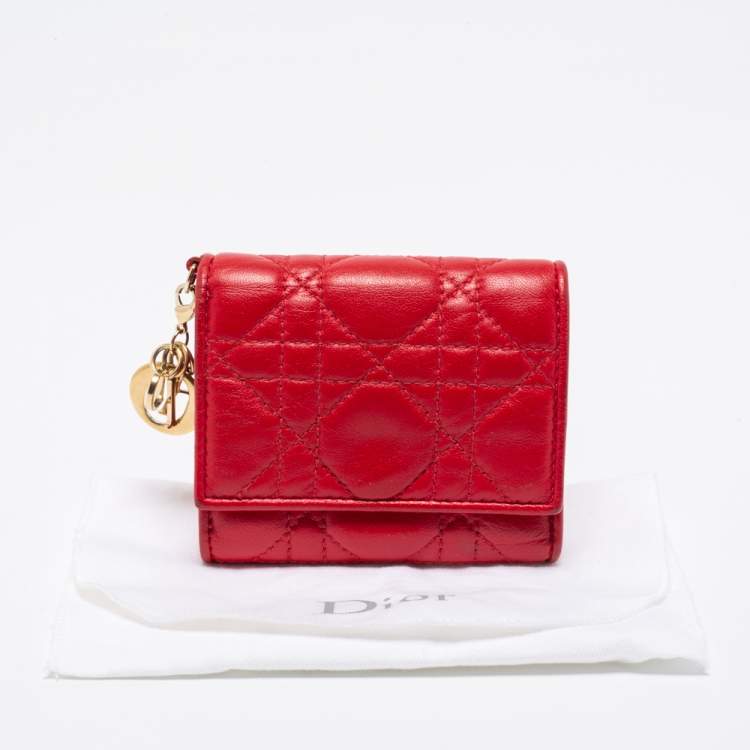 Pre Owned Dior Red Cannage Leather Lady Dior Trifold Compact Wallet