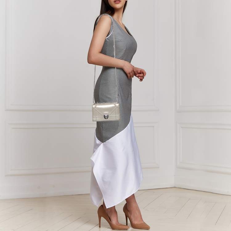 Pre Owned Dior Grey Shimmer Suede Diorama Wallet on Chain