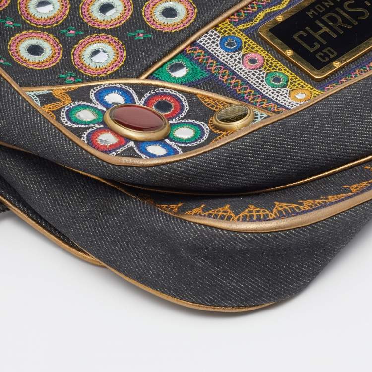 Pre Owned Dior Multicolor Embroidered Denim And Leather Saddle Bag