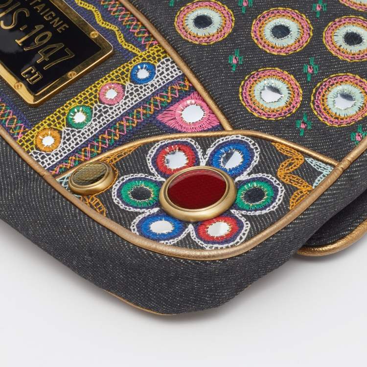Pre Owned Dior Multicolor Embroidered Denim And Leather Saddle Bag