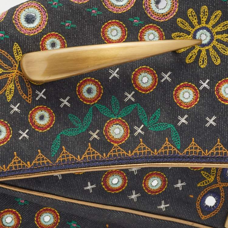 Pre Owned Dior Multicolor Embroidered Denim And Leather Saddle Bag