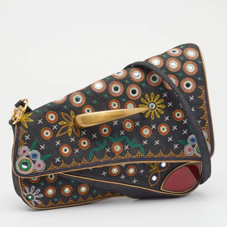 Pre Owned Dior Multicolor Embroidered Denim And Leather Saddle Bag
