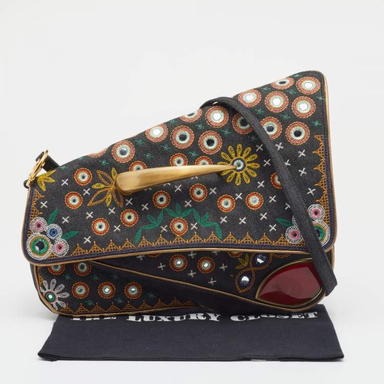 Pre Owned Dior Multicolor Embroidered Denim And Leather Saddle Bag