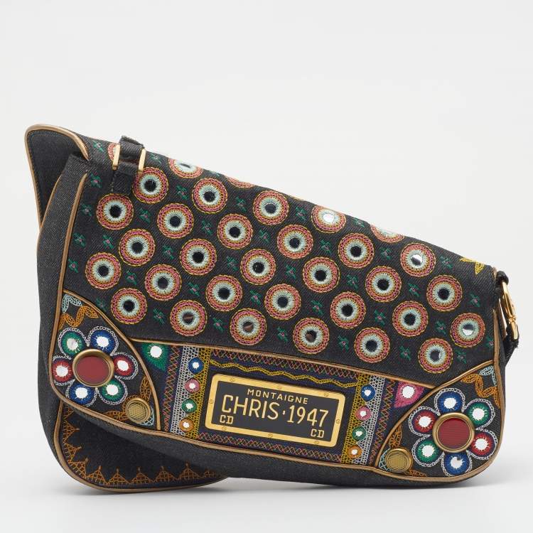 Pre Owned Dior Multicolor Embroidered Denim And Leather Saddle Bag