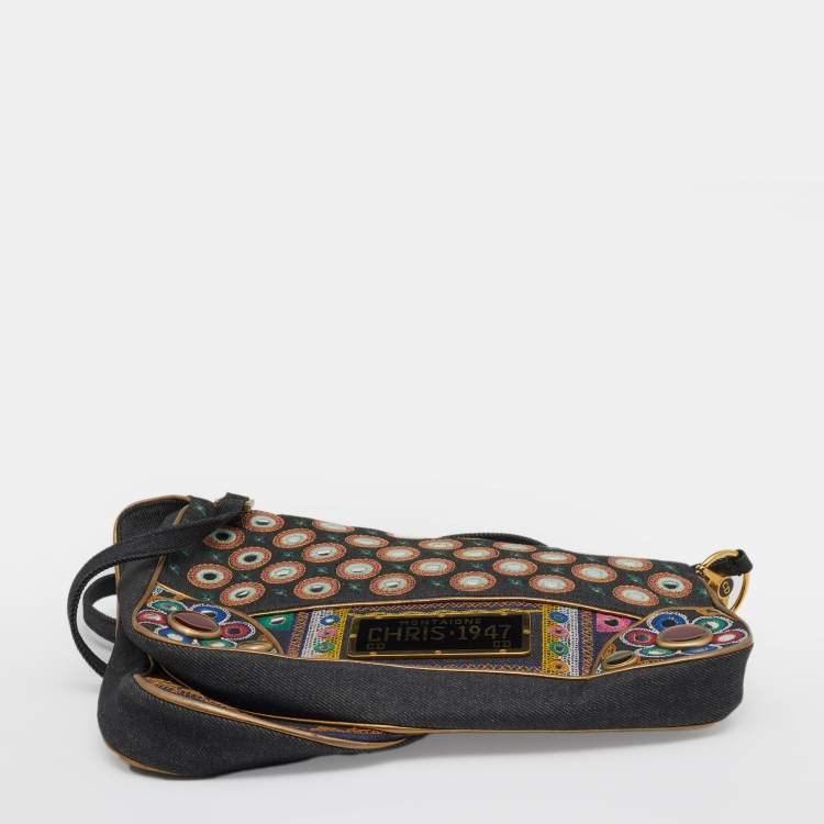 Pre Owned Dior Multicolor Embroidered Denim And Leather Saddle Bag