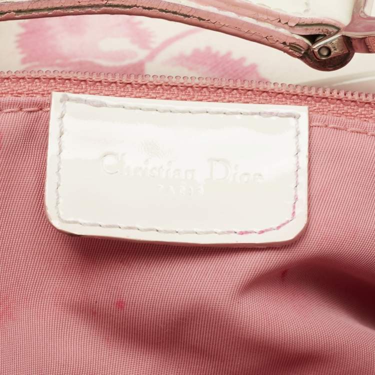 Pre Owned Dior Dark Pink/White Printed Canvas and Patent Leather Saddle Bag