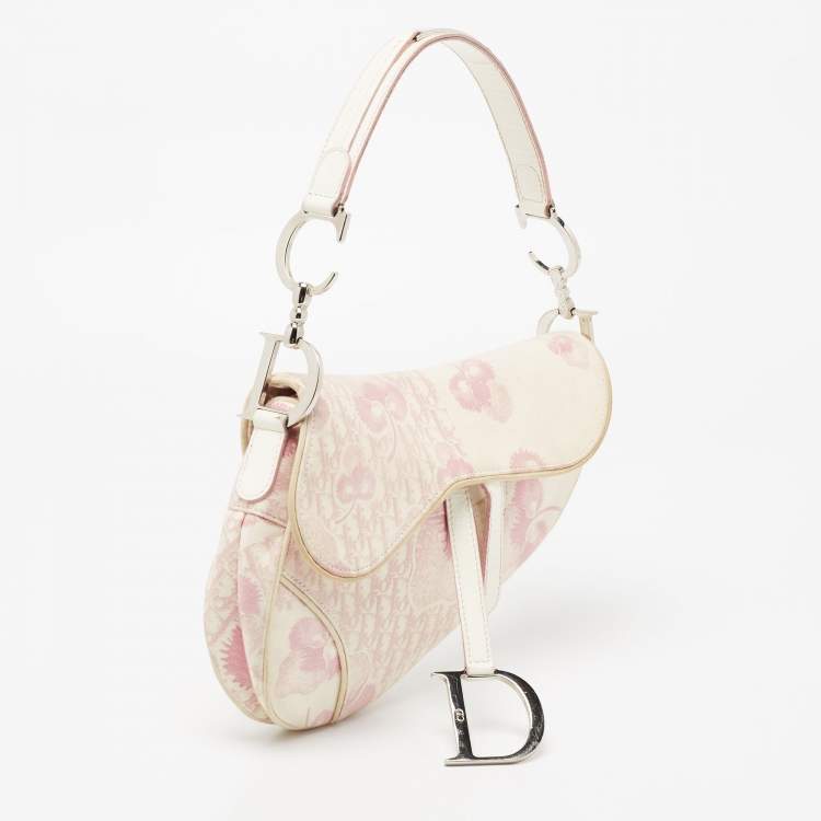 Pre Owned Dior Dark Pink/White Printed Canvas and Patent Leather Saddle Bag