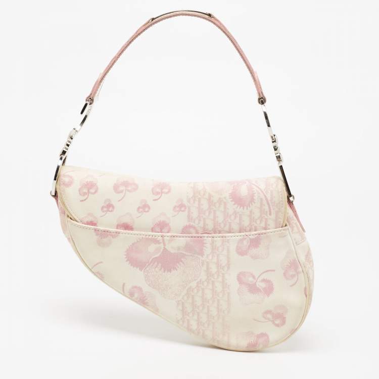Pre Owned Dior Dark Pink/White Printed Canvas and Patent Leather Saddle Bag