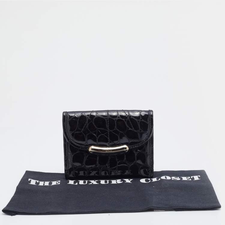 Pre Owned Dior Black Croc Embossed Patent Leather Compact Wallet