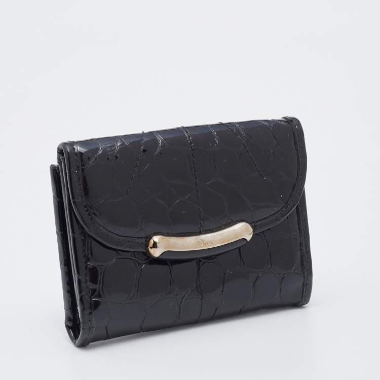 Pre Owned Dior Black Croc Embossed Patent Leather Compact Wallet