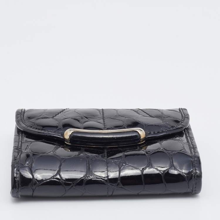 Pre Owned Dior Black Croc Embossed Patent Leather Compact Wallet