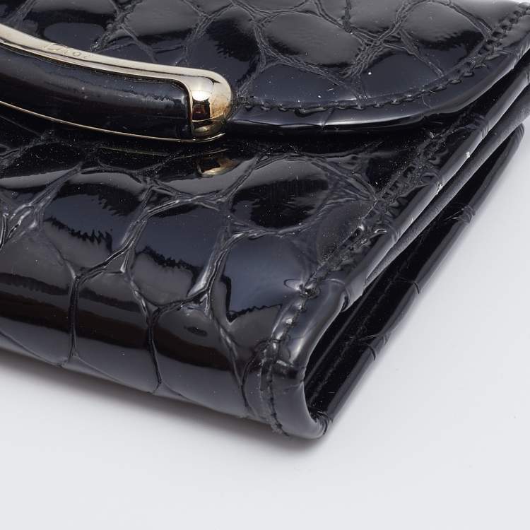 Pre Owned Dior Black Croc Embossed Patent Leather Compact Wallet