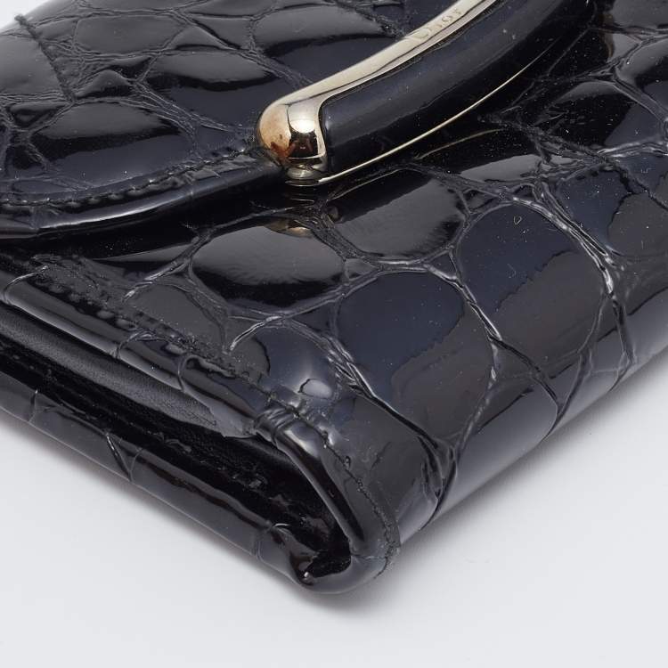Pre Owned Dior Black Croc Embossed Patent Leather Compact Wallet
