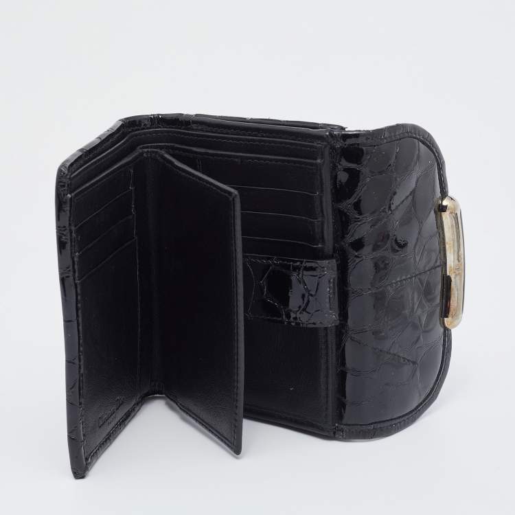 Pre Owned Dior Black Croc Embossed Patent Leather Compact Wallet