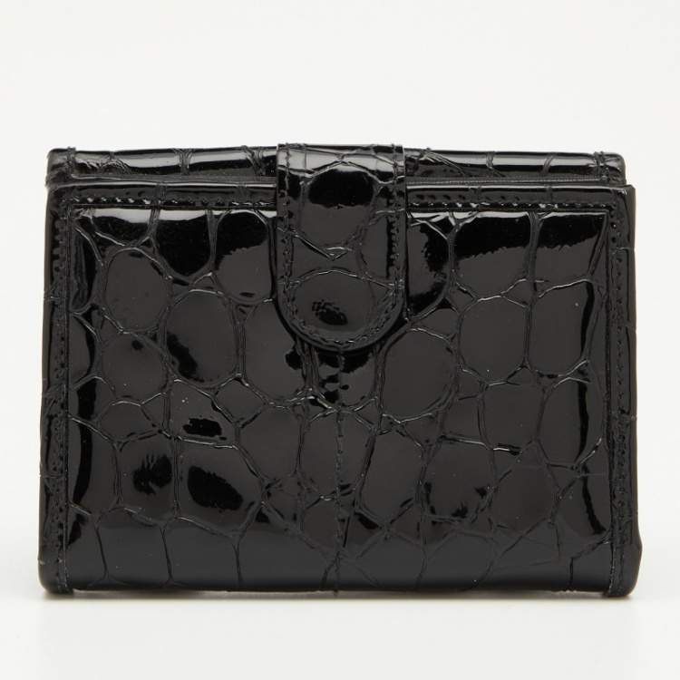 Pre Owned Dior Black Croc Embossed Patent Leather Compact Wallet