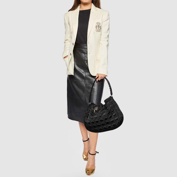Pre Owned Dior Black Cannage Quilted Satin And Leather Charming Hobo