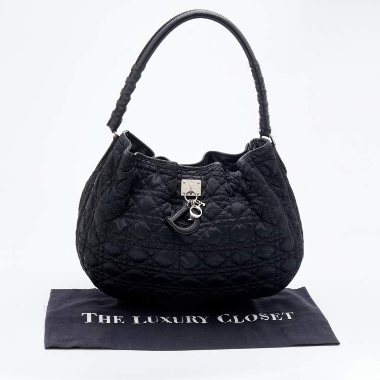 Pre Owned Dior Black Cannage Quilted Satin And Leather Charming Hobo