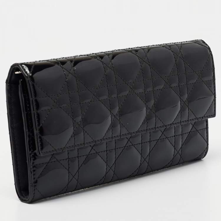 Pre Owned Dior Black Cannage Patent Leather Lady Dior Wallet on Chain