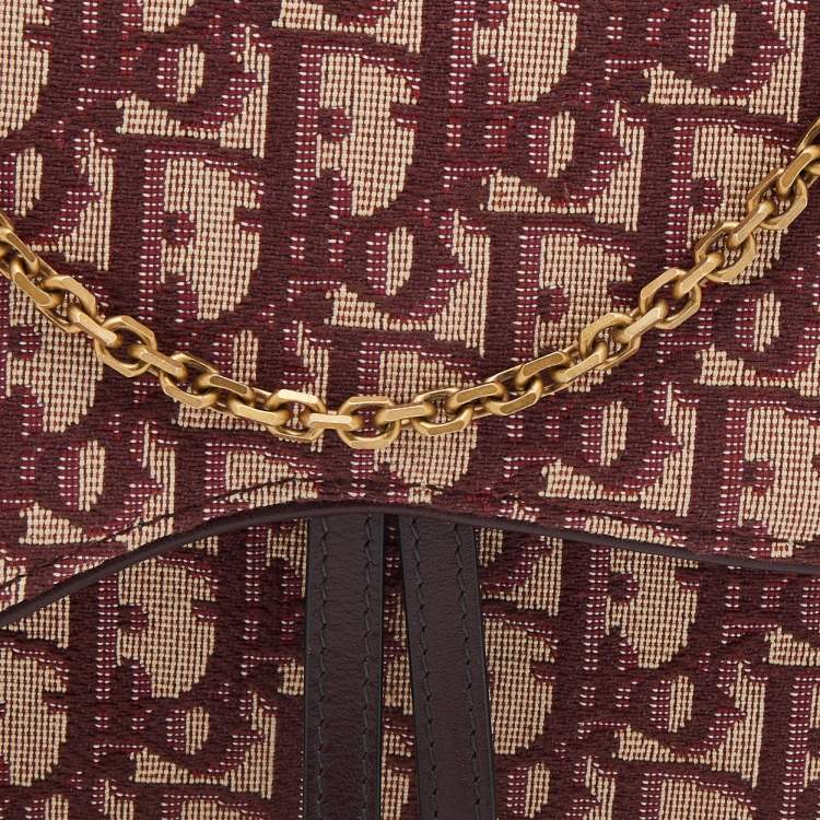 Pre Owned Dior Burgundy/Beige Oblique Canvas Saddle Chain Pouch