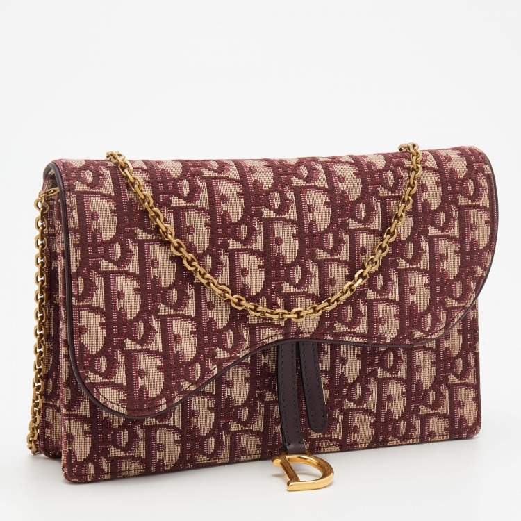 Pre Owned Dior Burgundy/Beige Oblique Canvas Saddle Chain Pouch