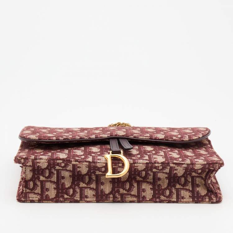Pre Owned Dior Burgundy/Beige Oblique Canvas Saddle Chain Pouch