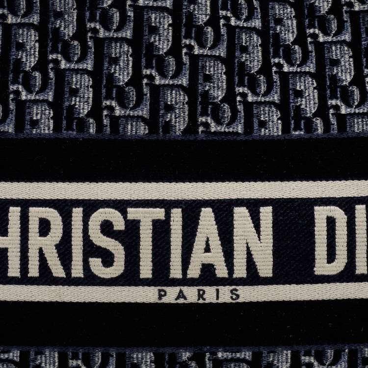 Pre Owned Dior Navy Blue Oblique Embroidered Velvet Medium Book Tote