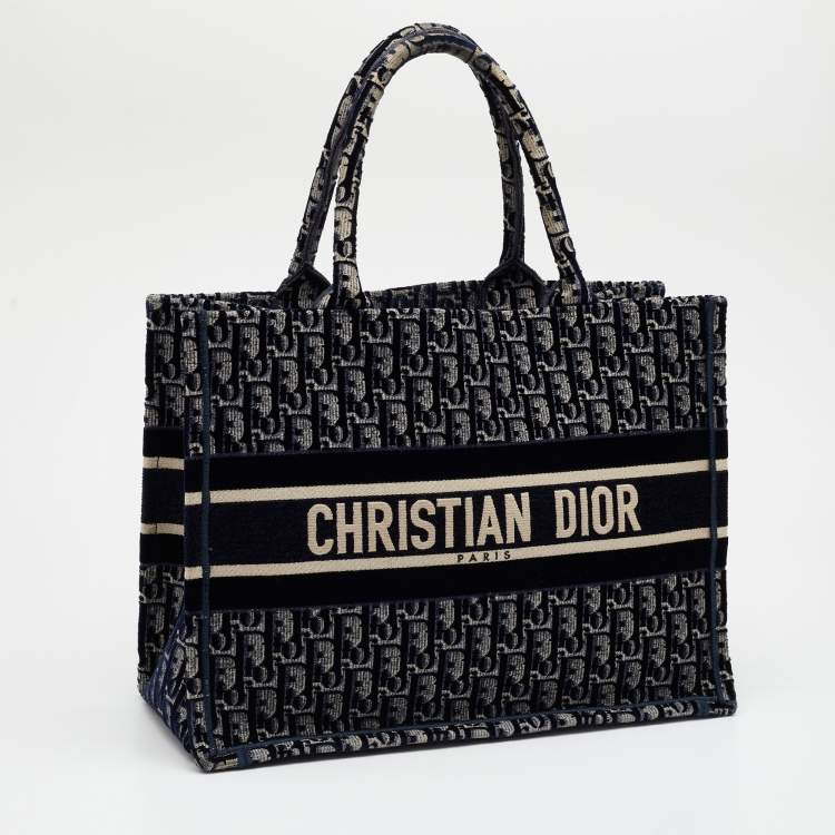 Pre Owned Dior Navy Blue Oblique Embroidered Velvet Medium Book Tote