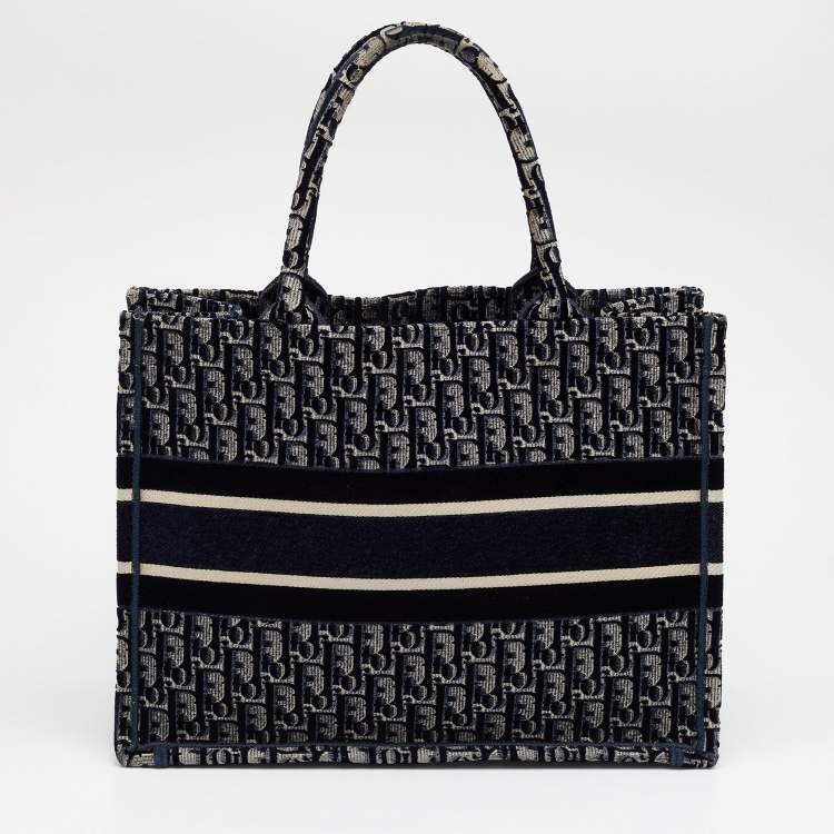 Pre Owned Dior Navy Blue Oblique Embroidered Velvet Medium Book Tote