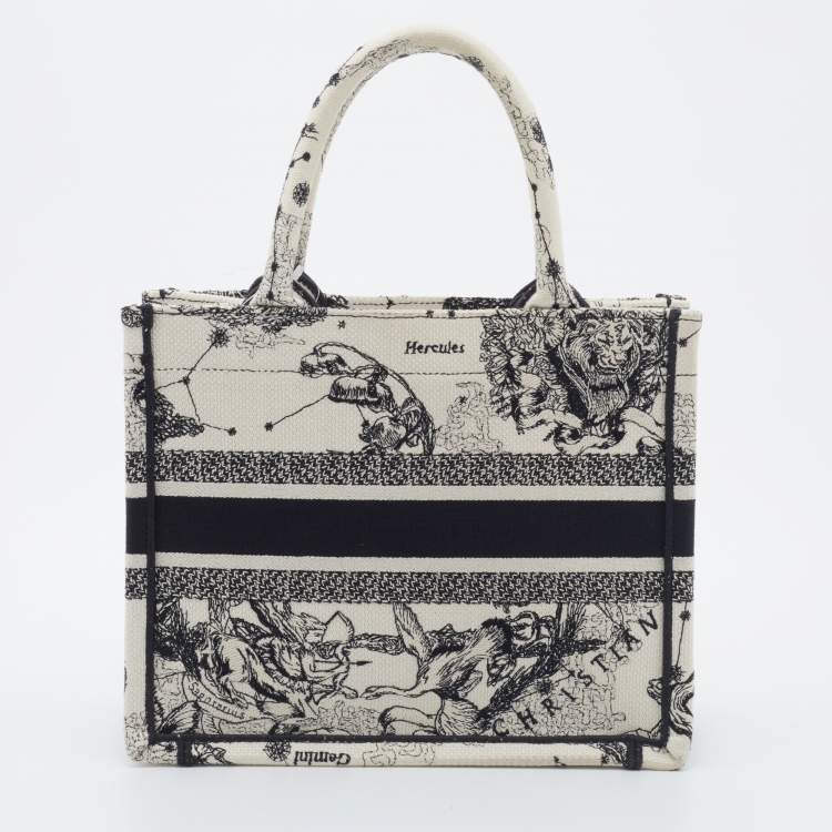 Pre Owned Dior White/Black Canvas Zodiac Embroidery Hercules Small Book Tote