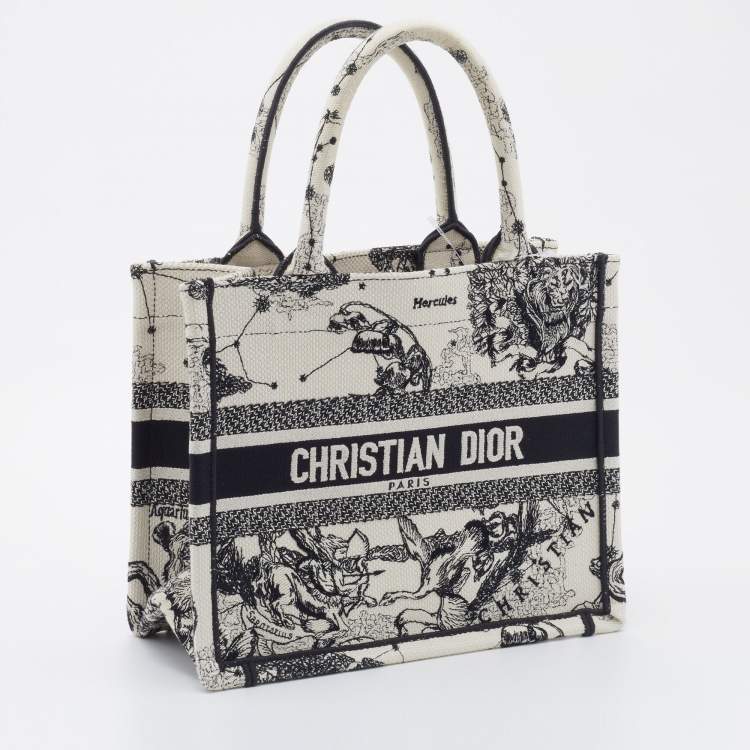 Pre Owned Dior White/Black Canvas Zodiac Embroidery Hercules Small Book Tote
