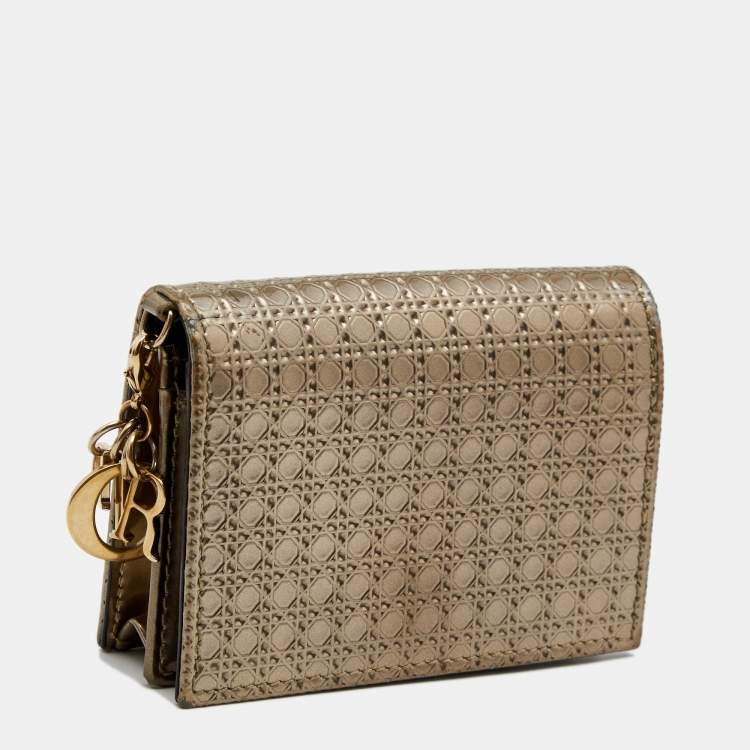 Pre Owned Dior Gold Micro Cannage Patent Leather Mini Lady Dior Card Case