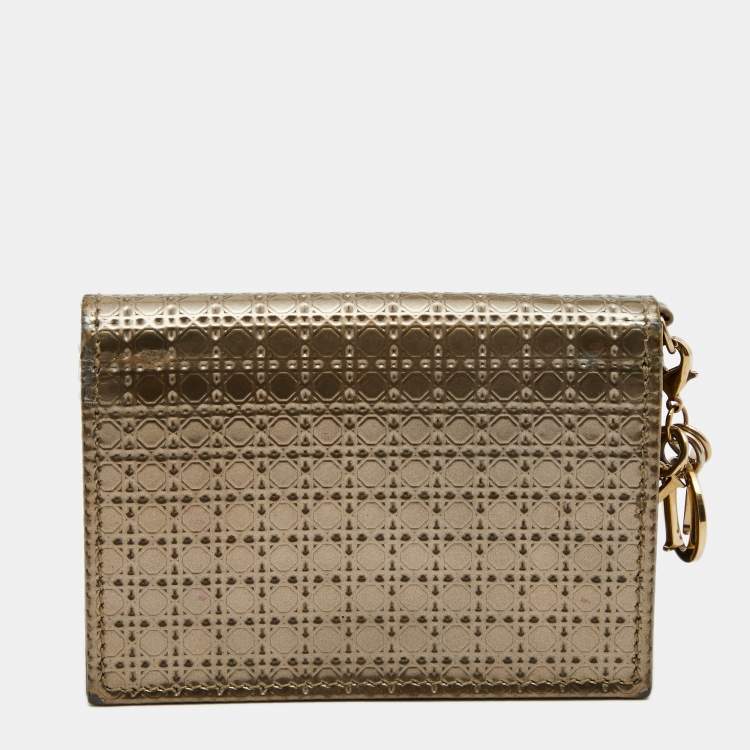 Pre Owned Dior Gold Micro Cannage Patent Leather Mini Lady Dior Card Case