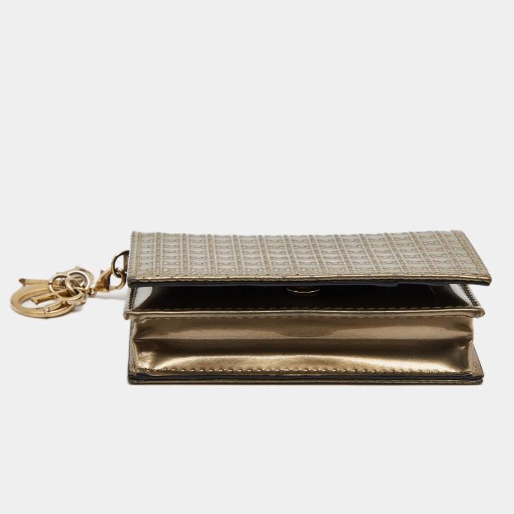 Pre Owned Dior Gold Micro Cannage Patent Leather Mini Lady Dior Card Case