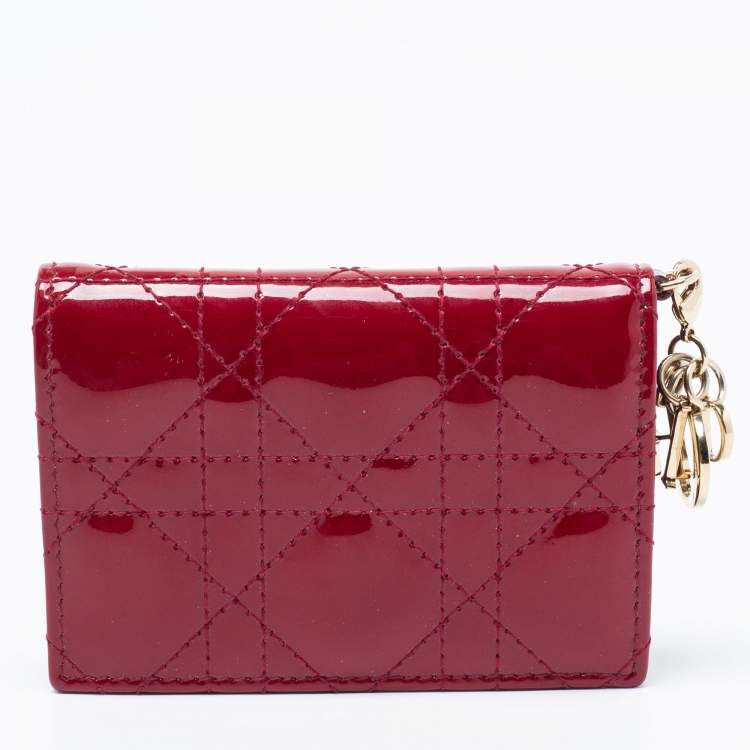 Pre Owned Dior Maroon Cannage Patent Leather Lady Dior Card Holder