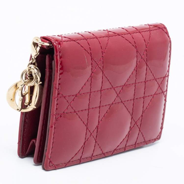 Pre Owned Dior Maroon Cannage Patent Leather Lady Dior Card Holder