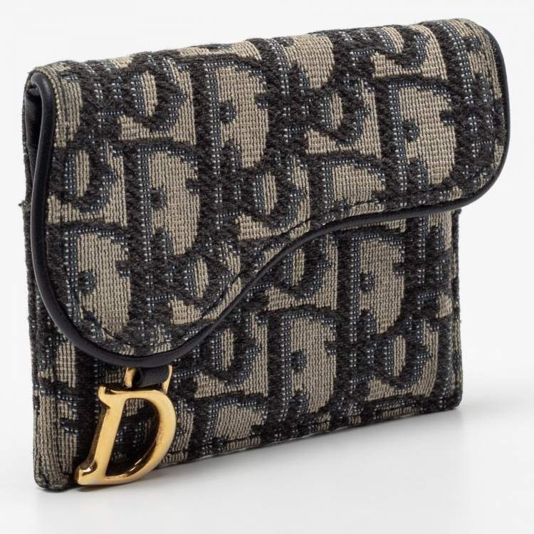 Pre Owned Dior Blue Oblique Canvas Saddle Card Holder