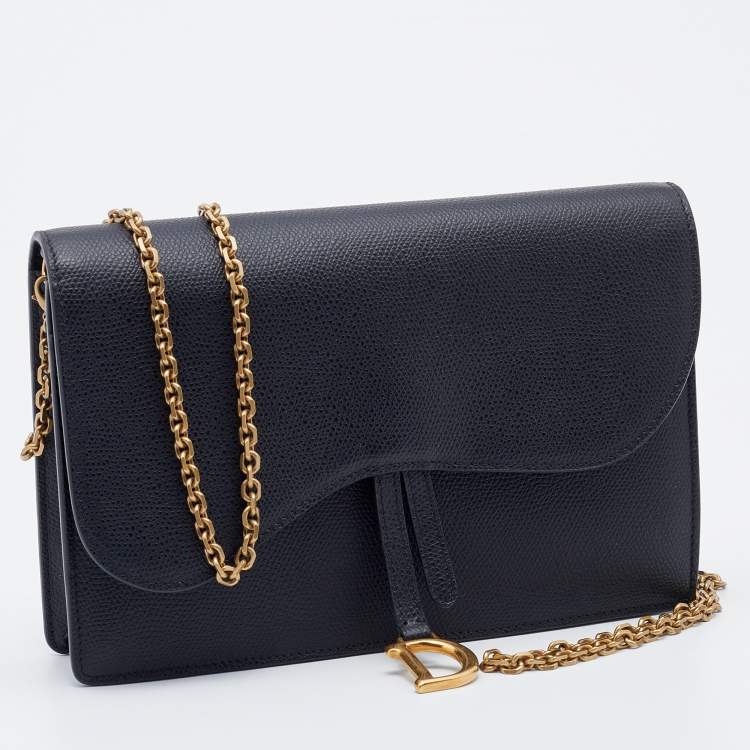 Pre Owned Dior Black Grained Leather Saddle Chain Pouch