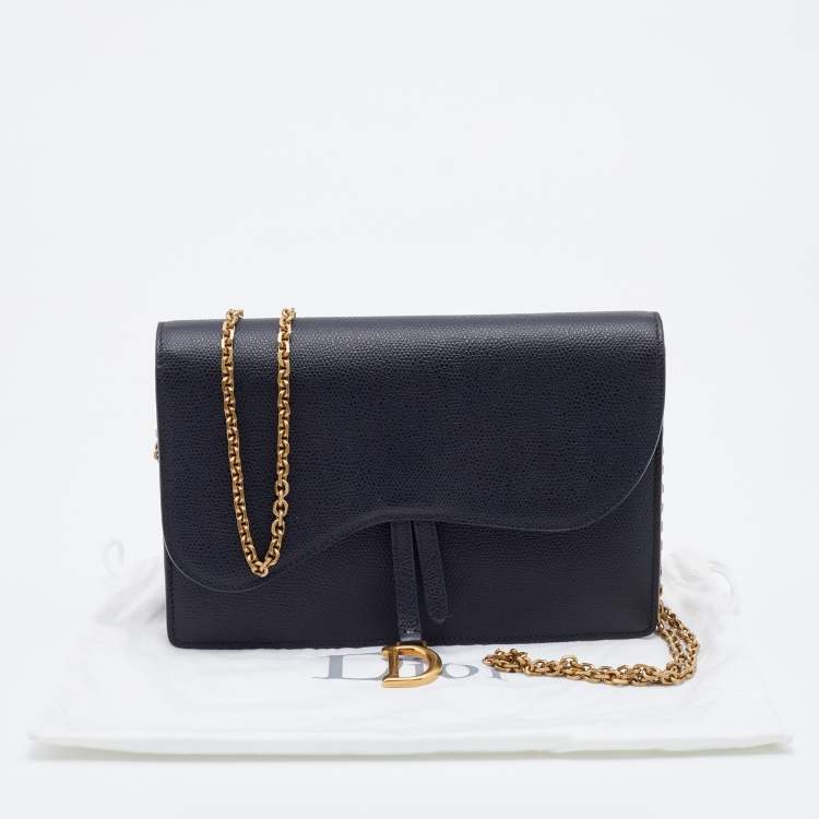 Pre Owned Dior Black Grained Leather Saddle Chain Pouch