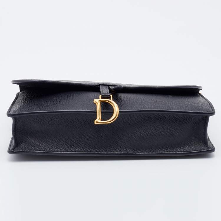 Pre Owned Dior Black Grained Leather Saddle Chain Pouch