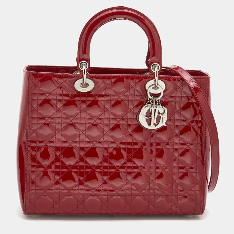 Pre Owned Dior Red Cannage Patent Leather Large Lady Dior Tote