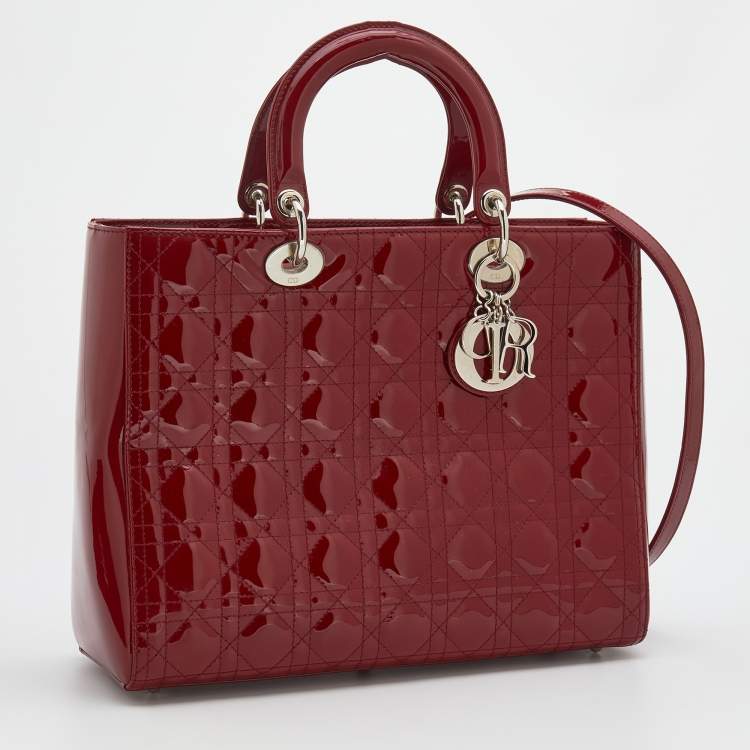 Pre Owned Dior Red Cannage Patent Leather Large Lady Dior Tote