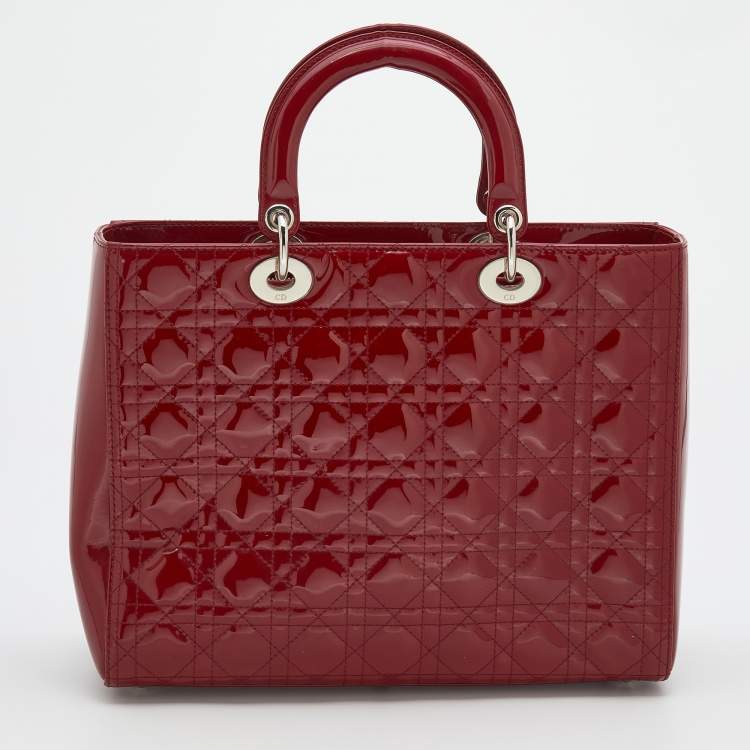 Pre Owned Dior Red Cannage Patent Leather Large Lady Dior Tote