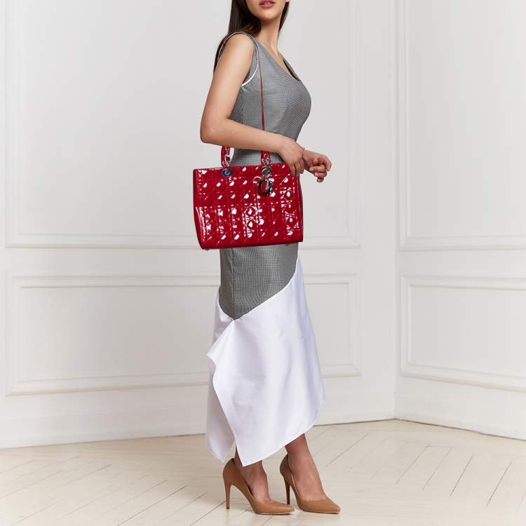 Pre Owned Dior Red Cannage Patent Leather Large Lady Dior Tote