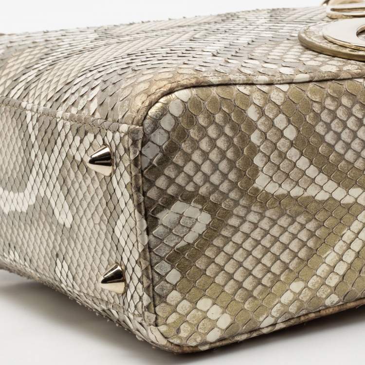 Pre Owned Dior Metallic Gold Python Small Lady Dior Tote
