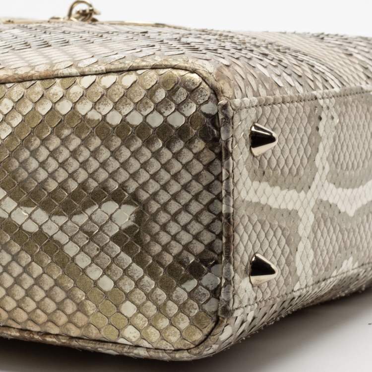 Pre Owned Dior Metallic Gold Python Small Lady Dior Tote