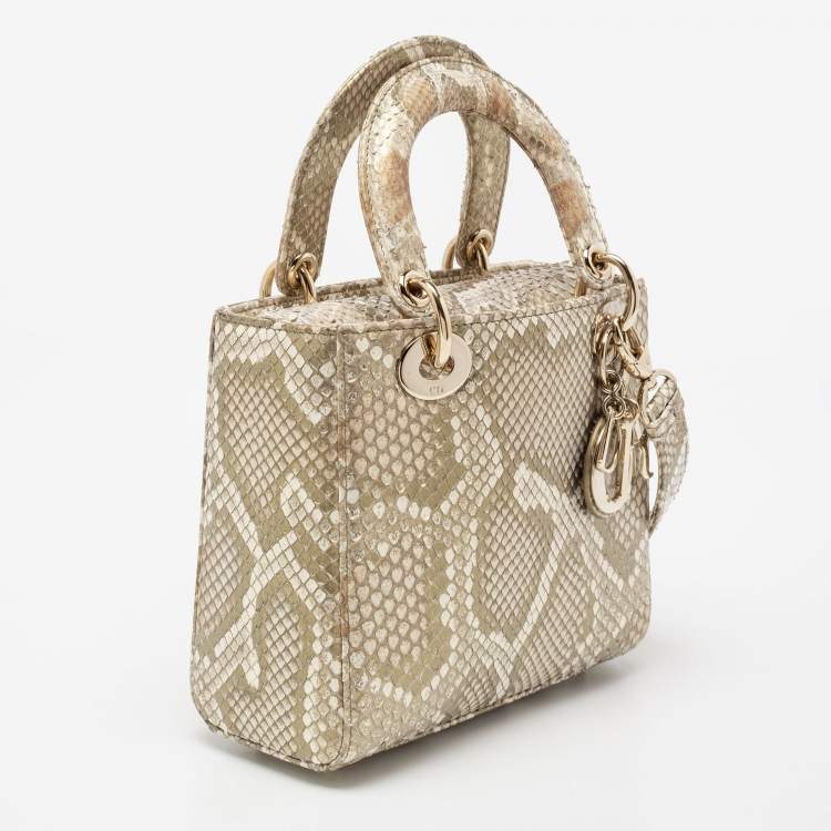 Pre Owned Dior Metallic Gold Python Small Lady Dior Tote
