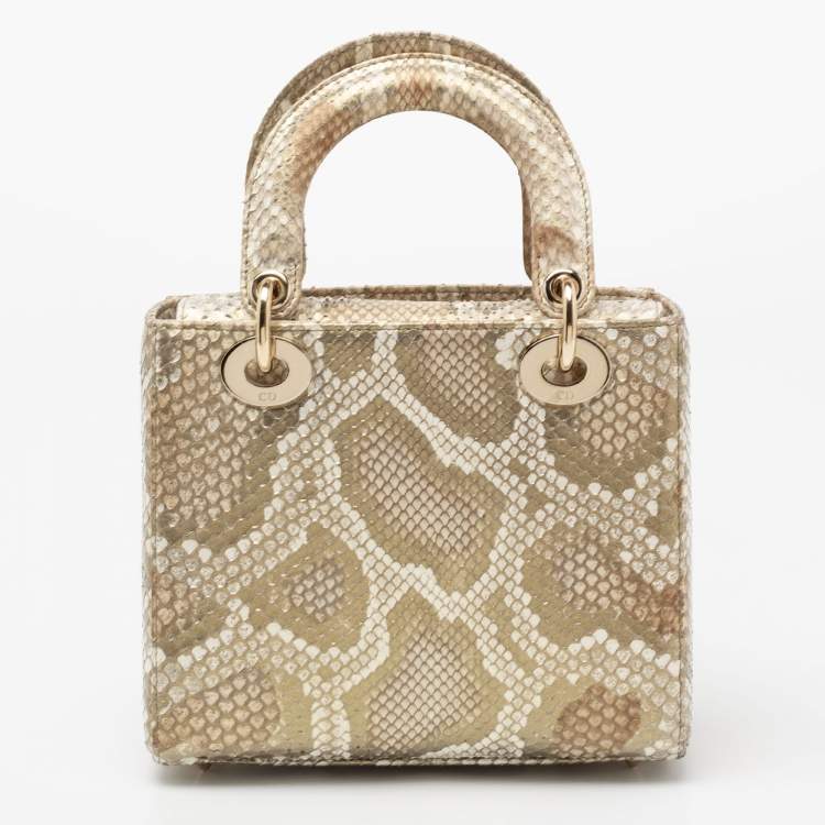Pre Owned Dior Metallic Gold Python Small Lady Dior Tote
